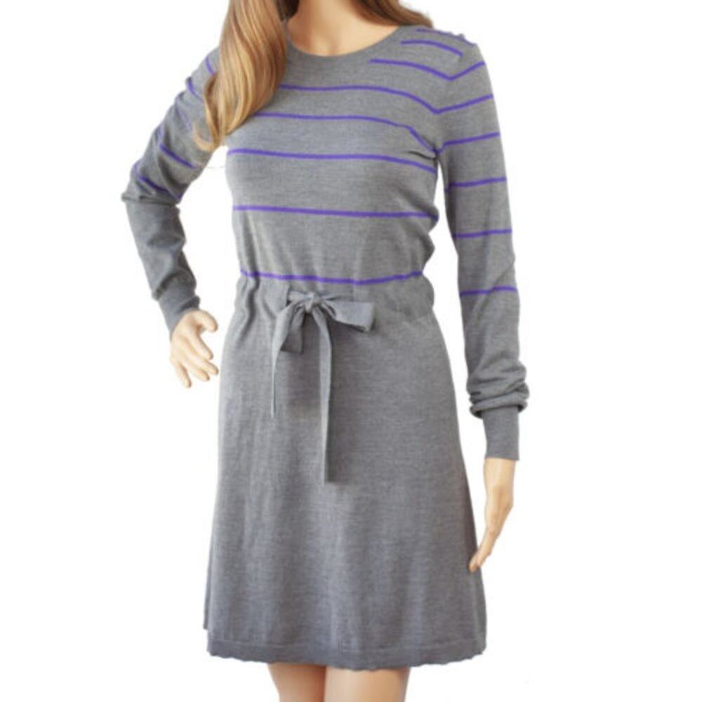 Theory Milly Striped Sweater Dress Size 2 Gray Purple Wool Long Sleeve Tie Waist